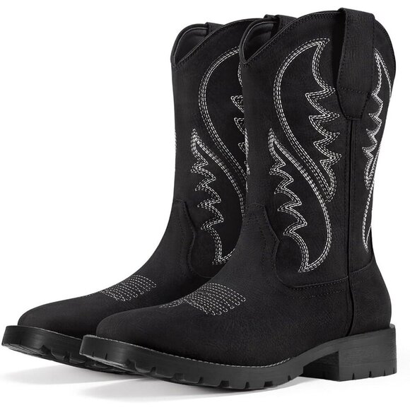 Men\'s Black Square Toe Chunky Heel Mid-calf Classic Embroidered Pull On Boots